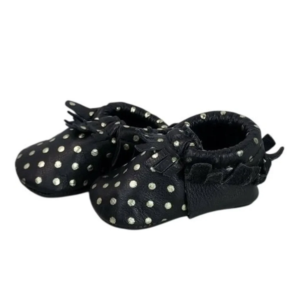 Freshly Picked Black Polka Dot Leather Baby‎ Moccasins Size 2